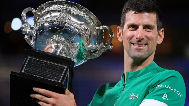 Novak Djokovic celebrating his semi-final victory at the 2026 Australian Open after a 5-set match against Jannik Sinner.