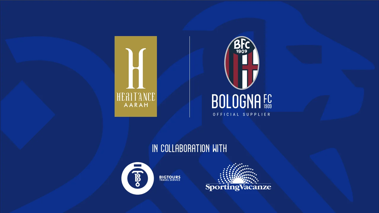 Bologna FC executives and partners celebrating the renewal of the 2025/2026 partnership, symbolizing the link between Italian football and Maldivian luxury tourism.