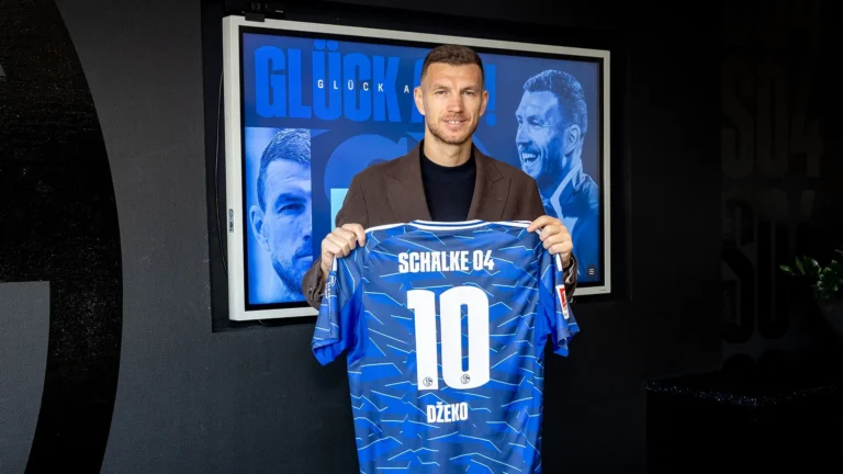 FC Schalke 04 home jersey featuring Edin Džeko's name and number, representing the record-breaking shirt sales following his 2026 transfer.