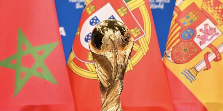 Graphic showing the flags of Spain and Morocco with the FIFA World Cup 2030 logo, representing the dispute over the final venue.
