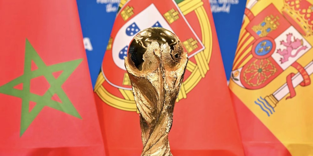 Graphic showing the flags of Spain and Morocco with the FIFA World Cup 2030 logo, representing the dispute over the final venue.