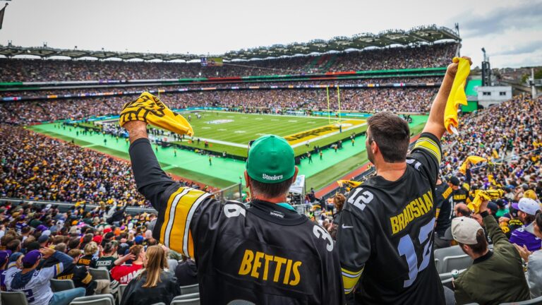 A packed Croke Park stadium in Dublin during the 2025 NFL match between the Pittsburgh Steelers and Minnesota Vikings.