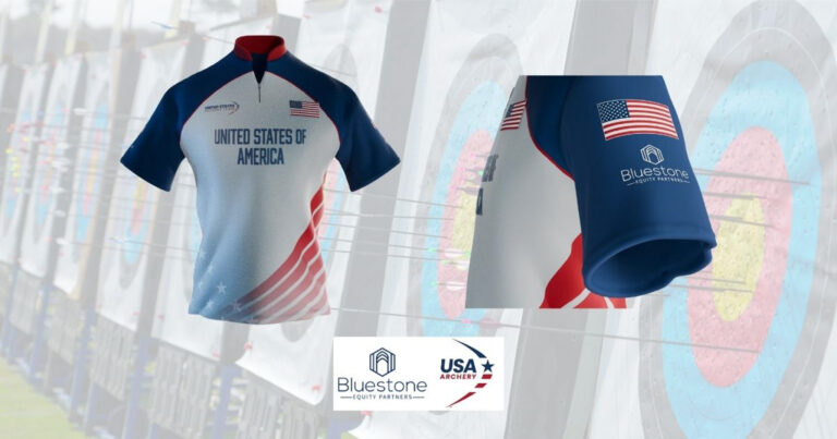 USA Archery official team jersey featuring the Bluestone Equity Partners logo on the sleeve during a training session.