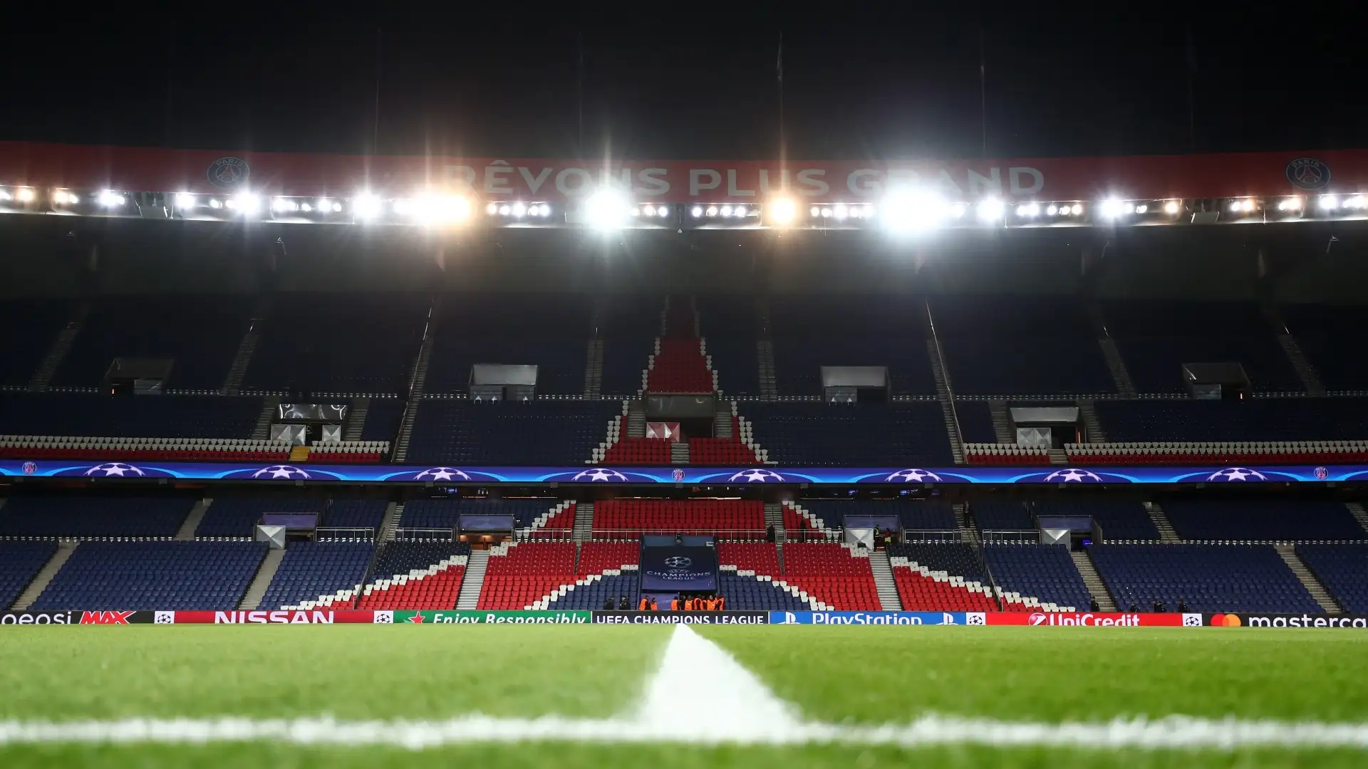 Interior view of Parc des Princes stadium during a PSG match highlighting the limited seating capacity