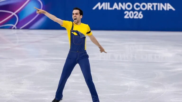 Tomas Guarino performing his Minions-themed figure skating routine at the Milano-Cortina 2026 Winter Olympics.