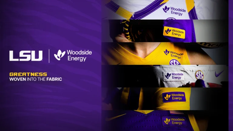LSU Tigers football jersey with the new Woodside Energy partner patch.
