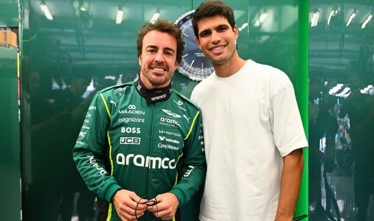 Carlos Alcaraz visiting Fernando Alonso at the Aston Martin F1 garage in Bahrain