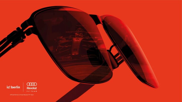 Minimalist ic! berlin eyewear featuring the iconic screwless hinge, representing the Audi Revolut F1 partnership.