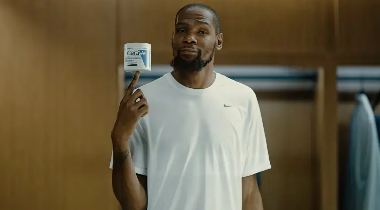 Kevin Durant applying CeraVe moisturizer as part of a global skincare campaign