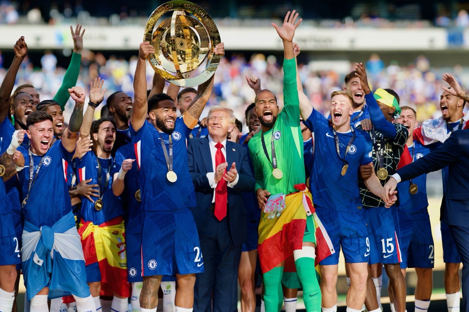 Graphic showing the Club World Cup trophy with flags of potential 2029 participants like Man Utd and Barcelona.