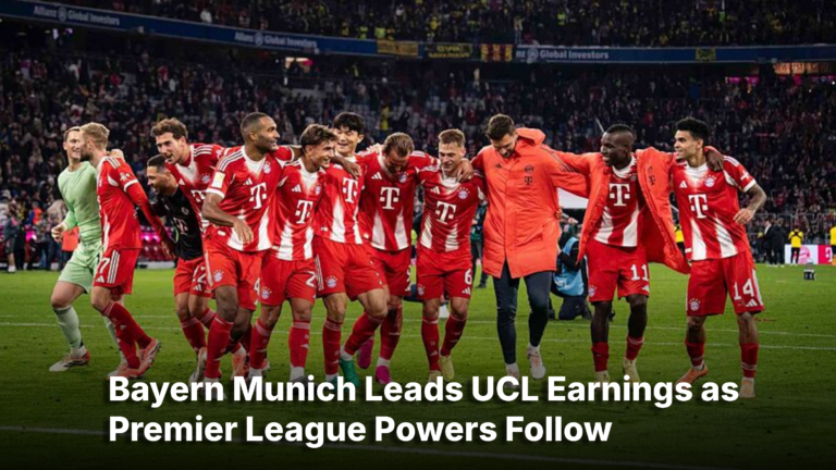 UEFA Champions League logo with a digital overlay showing prize money figures for Bayern Munich, Liverpool, and Real Madrid.