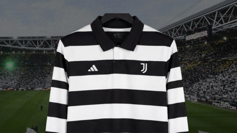 Studio Sgura designed Juventus 2026 fourth kit with horizontal black and white hoops and polo collar