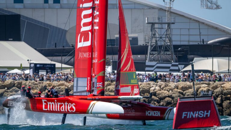 Sir Ben Ainslie with the Emirates GBR SailGP boat; Jumeirah luxury hotel interior; SailGP Auckland race event branding.
