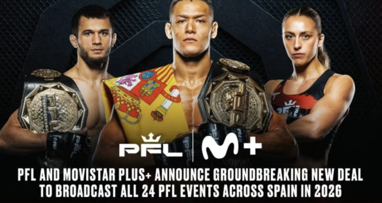 Professional Fighters League (PFL) promotional graphic featuring MMA fighters and the Movistar+ logo.