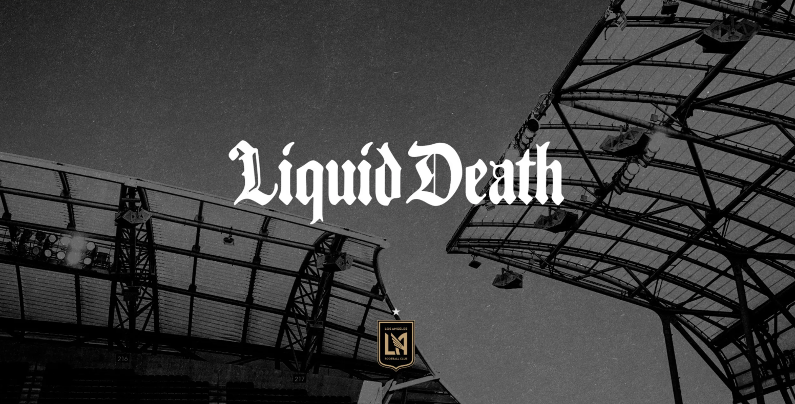 Liquid Death recycling bins and branded refrigeration units at BMO Stadium during an LAFC match.