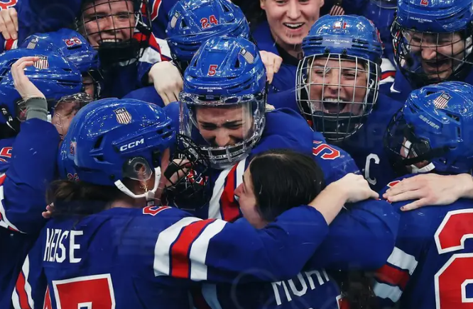 Team USA celebrates 2026 Gold Medal win; data chart showing 7.7M peak viewers.