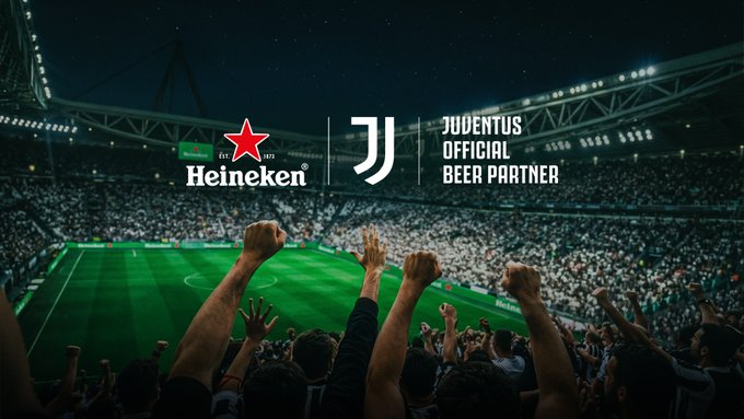 Juventus and Heineken logos displayed together on the Allianz Stadium big screen.