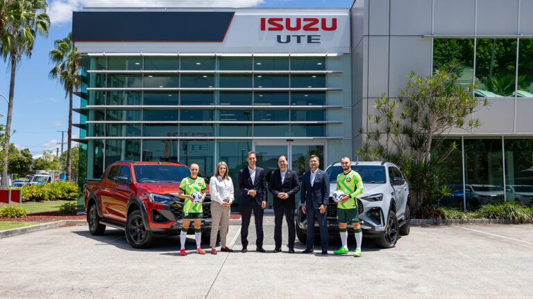 Isuzu UTE and Football Australia logos during a partnership announcement for the national soccer teams.