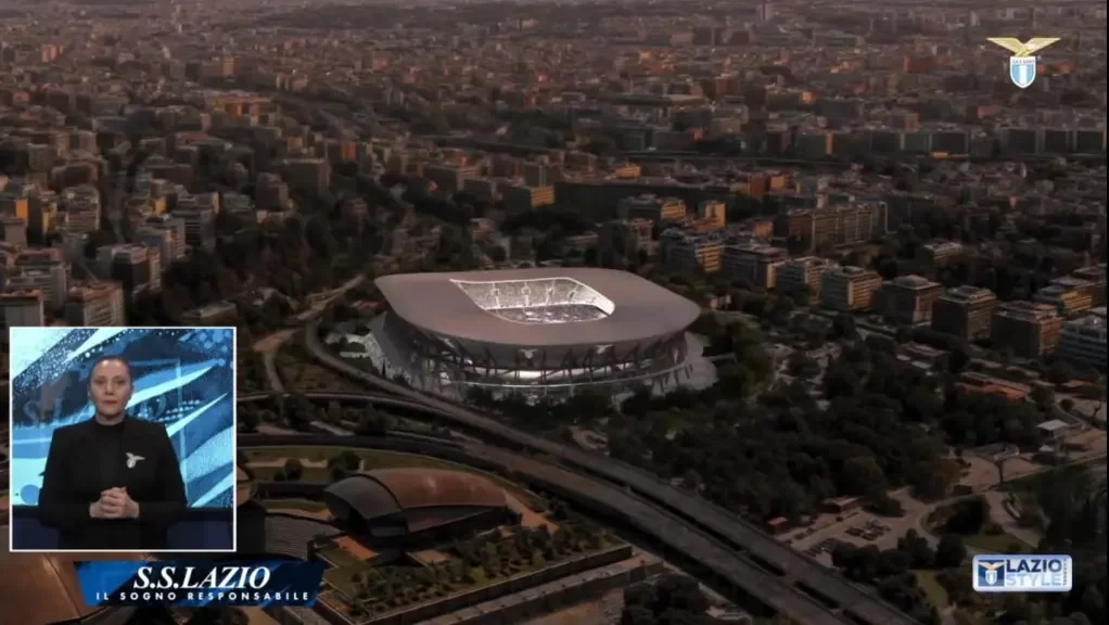 Renderings of the new Stadio Flaminio project showing the modern renovation and architectural integration for SS Lazio.