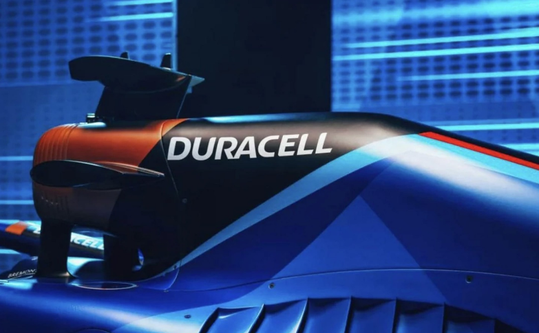 Close-up of the Williams F1 car airbox styled as a copper-topped Duracell battery during a 2026 race weekend.