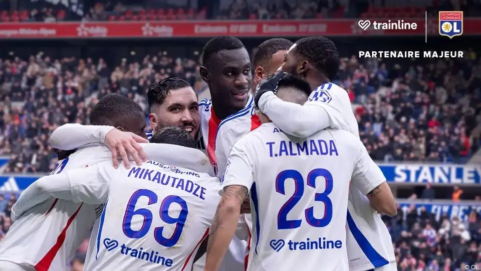 Players of Olympique Lyonnais starring in the Trainline "quirky" advertising spot for train travel.