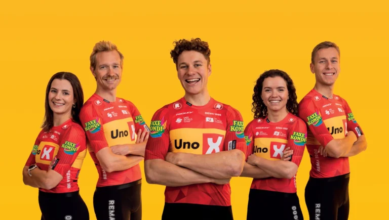 Thor Hushovd, Magnus Cort, and SÃ¸ren WÃ¦renskjold presenting the new Uno-X jersey with Faxe Kondi branding.