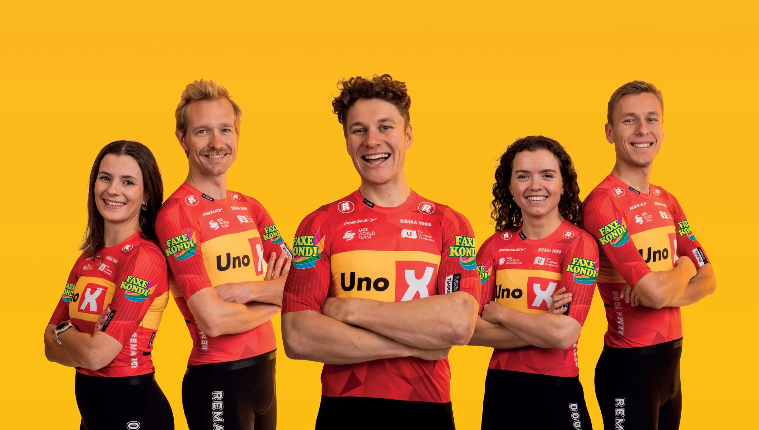 Thor Hushovd, Magnus Cort, and SÃ¸ren WÃ¦renskjold presenting the new Uno-X jersey with Faxe Kondi branding.