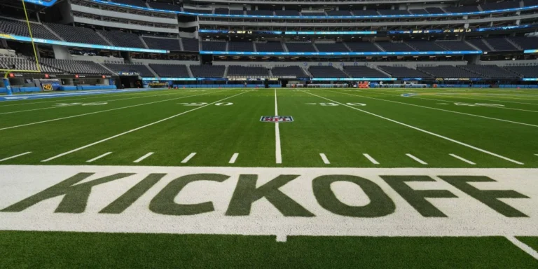 NFL kickoff logo at SoFi Stadium; Melbourne Cricket Ground stadium aerial view; Seattle Seahawks celebrating Super Bowl win.
