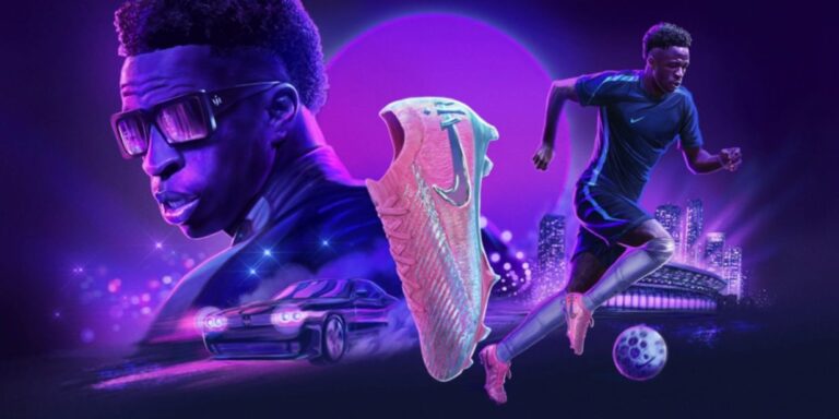 The new bright pink Nike Mercurial Vapor 16 Vini Jr. boots on a display stand in SÃ£o Paulo.
