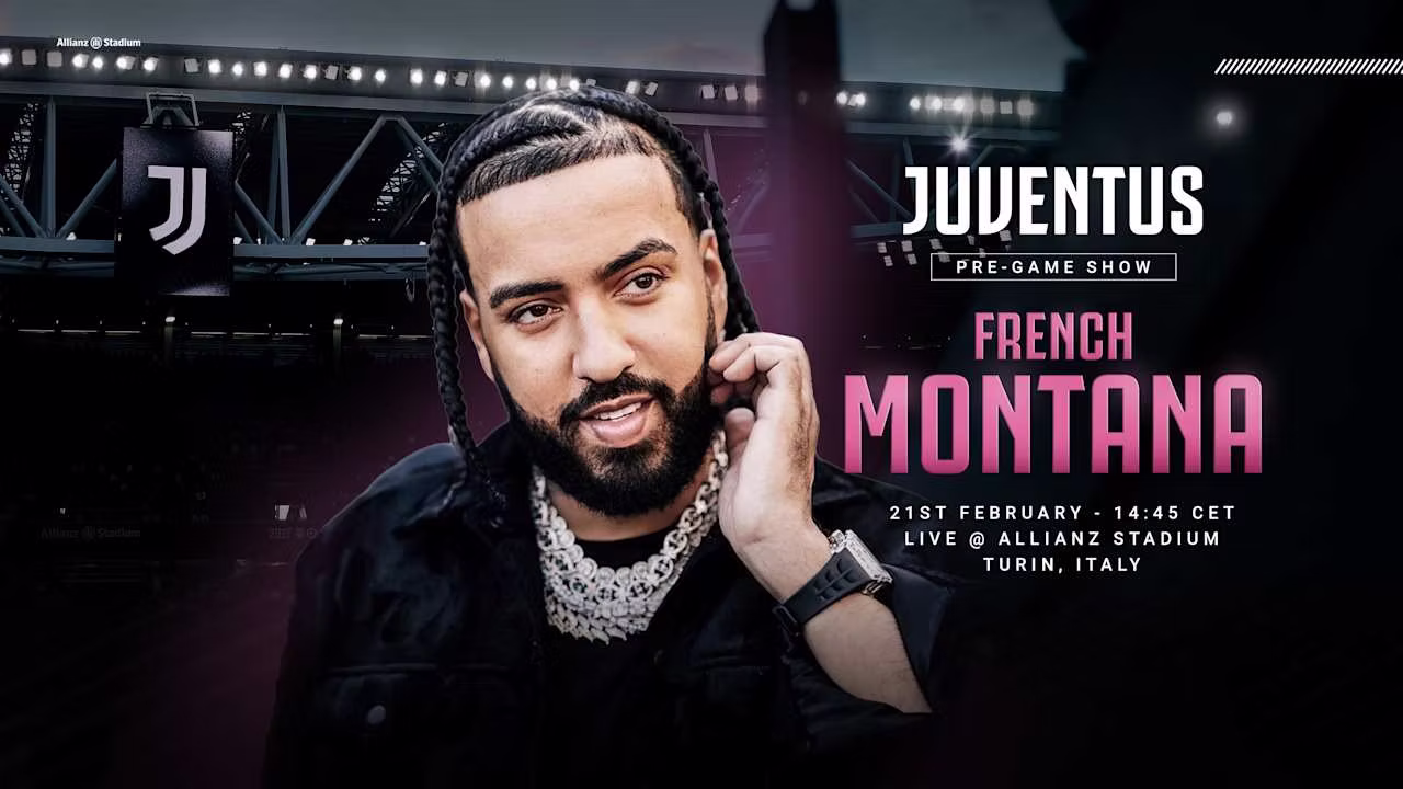 French Montana wearing the new hooped Juventus 4th kit at Allianz Stadium.