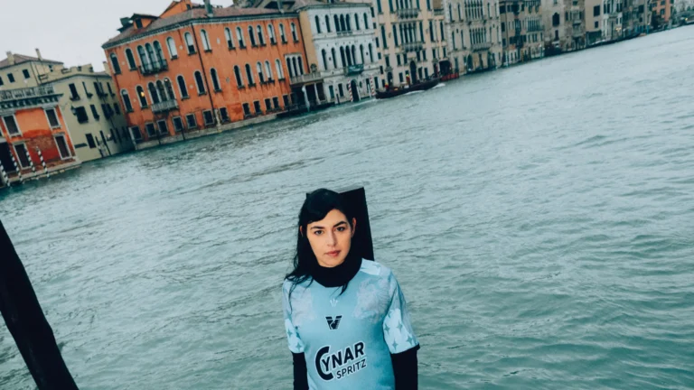 Close-up of the Venezia FC x NOCTA special edition fourth jersey featuring layered shades of blue inspired by the Venetian lagoon.