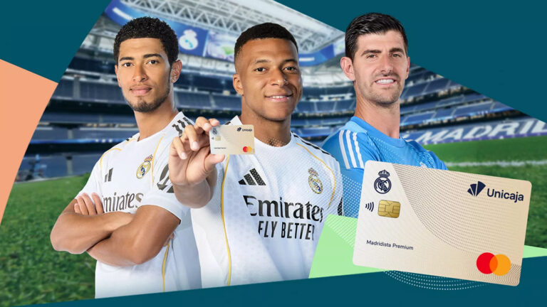 The new Madridista Premium Unicaja Card featuring Real Madrid branding and dual banking-fan membership functionality.