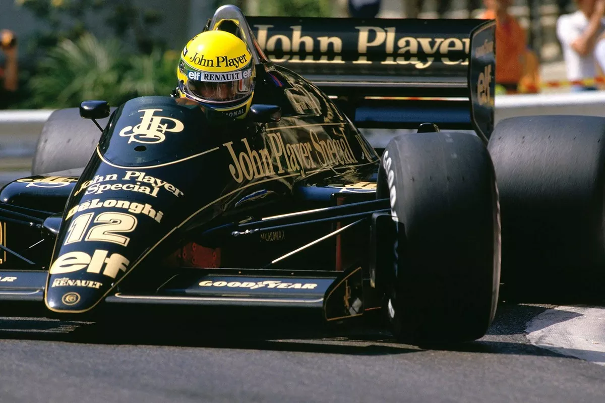 The black and gold Lotus 98T Formula 1 car driven by Ayrton Senna on display at RM Sotheby's.