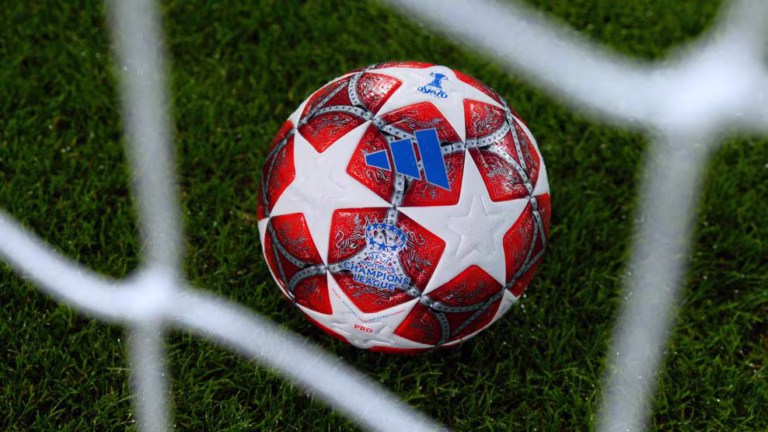 Close-up of the 2026 Adidas UWCL final ball with silver stars and Nordic motifs.
