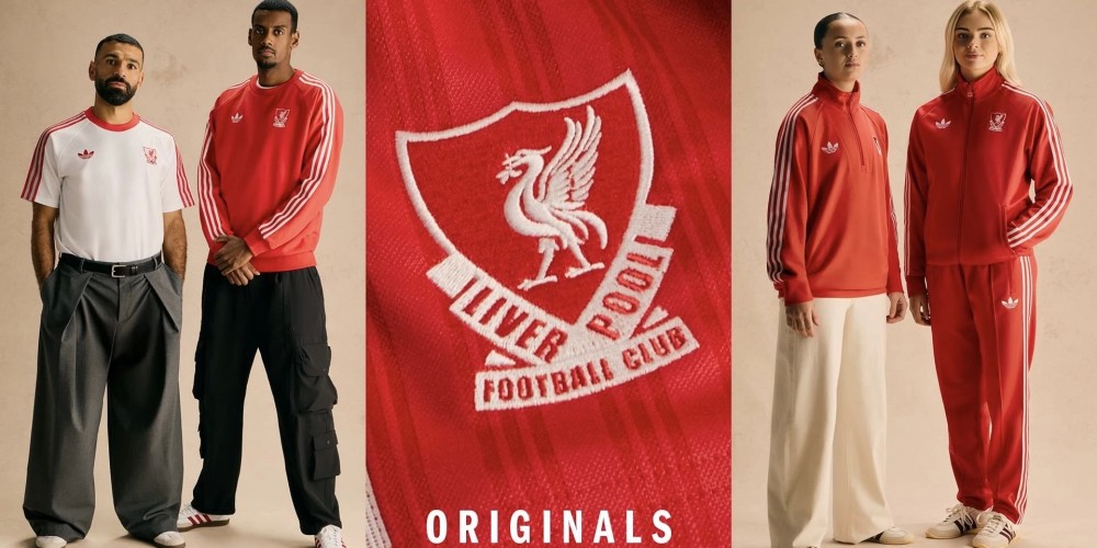Mohamed Salah and Fuka Nagano posing in the red and white adidas Originals Liverpool 2026 tracksuits.