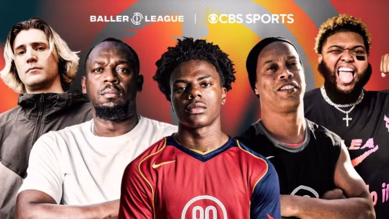 Baller League US players and influencers with the CBS Sports Golazo Network logo overlay.