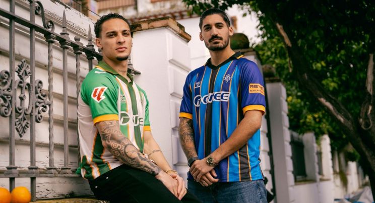 Close-up of the Real Betis sustainable kit featuring orange peel fiber texture and perforated numbers.
