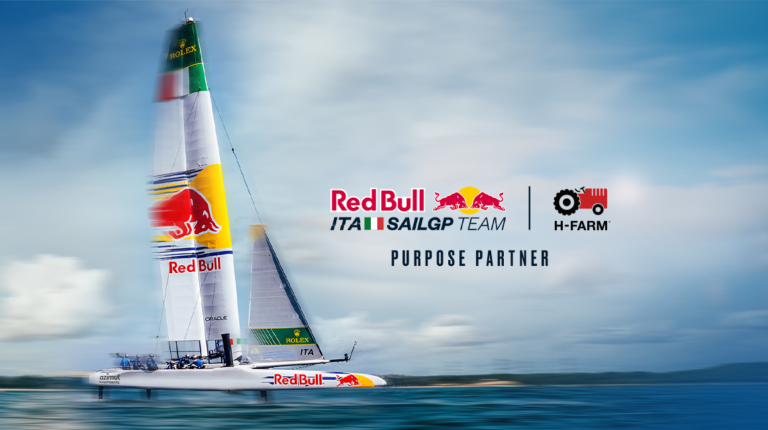 Jimmy Spithill and Riccardo Donadon at the H-FARM campus, celebrating the SailGP Italy partnership.