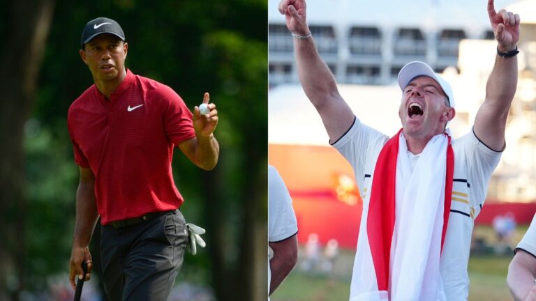 Professional golf stars Tiger Woods and Rory McIlroy representing TMRW Sports in a business partnership with the NFL for Flag Football development.