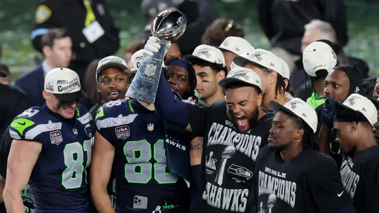 Sam Darnold and Kenneth Walker III of the Seattle Seahawks celebrating the Super Bowl 2026 win