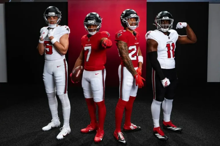 Atlanta Falcons players wearing new red home jerseys with white pants unveiled for the 2026 NFL season
