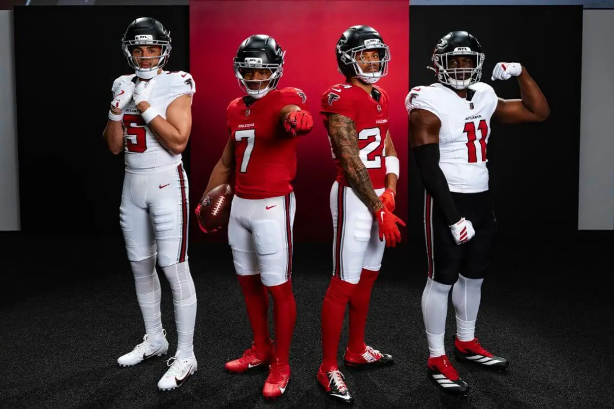 Atlanta Falcons players wearing new red home jerseys with white pants unveiled for the 2026 NFL season