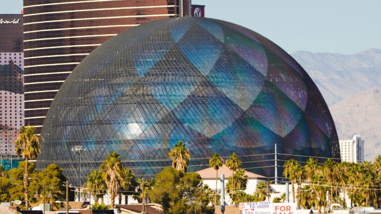 Concept image of a spherical arena design in an urban setting